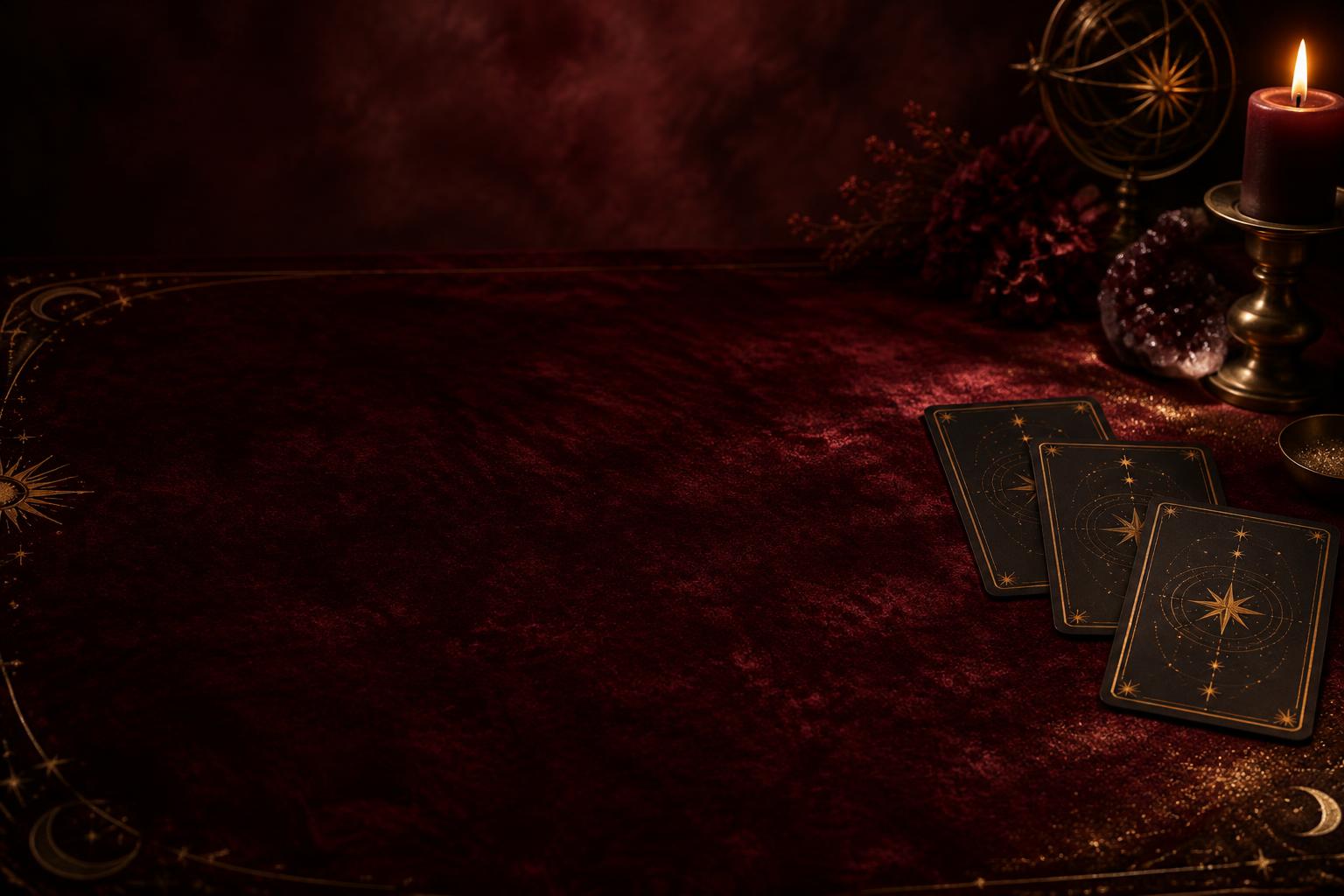 Tarot cards on a burgundy velvet surface